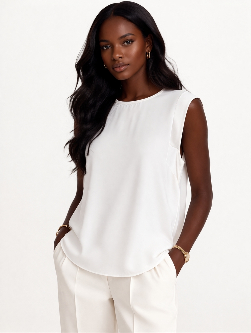 Lafayette 148 Silk Blouse sleeveless White Minimalist Quiet Luxury Top Small